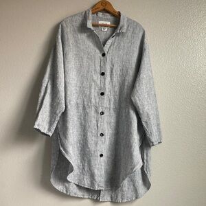 Flax by Jeanne Engalhart LInen stripe Tunic Button up shirt 90s y2k Coastal sz M